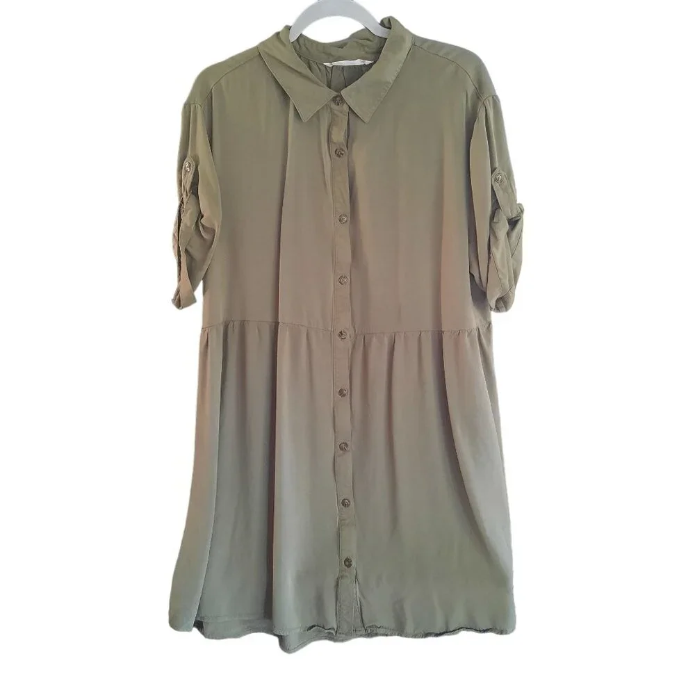 Given Kale Shirt Dress Green Collared Short Sleeve Button Front - Picture 3 of 9